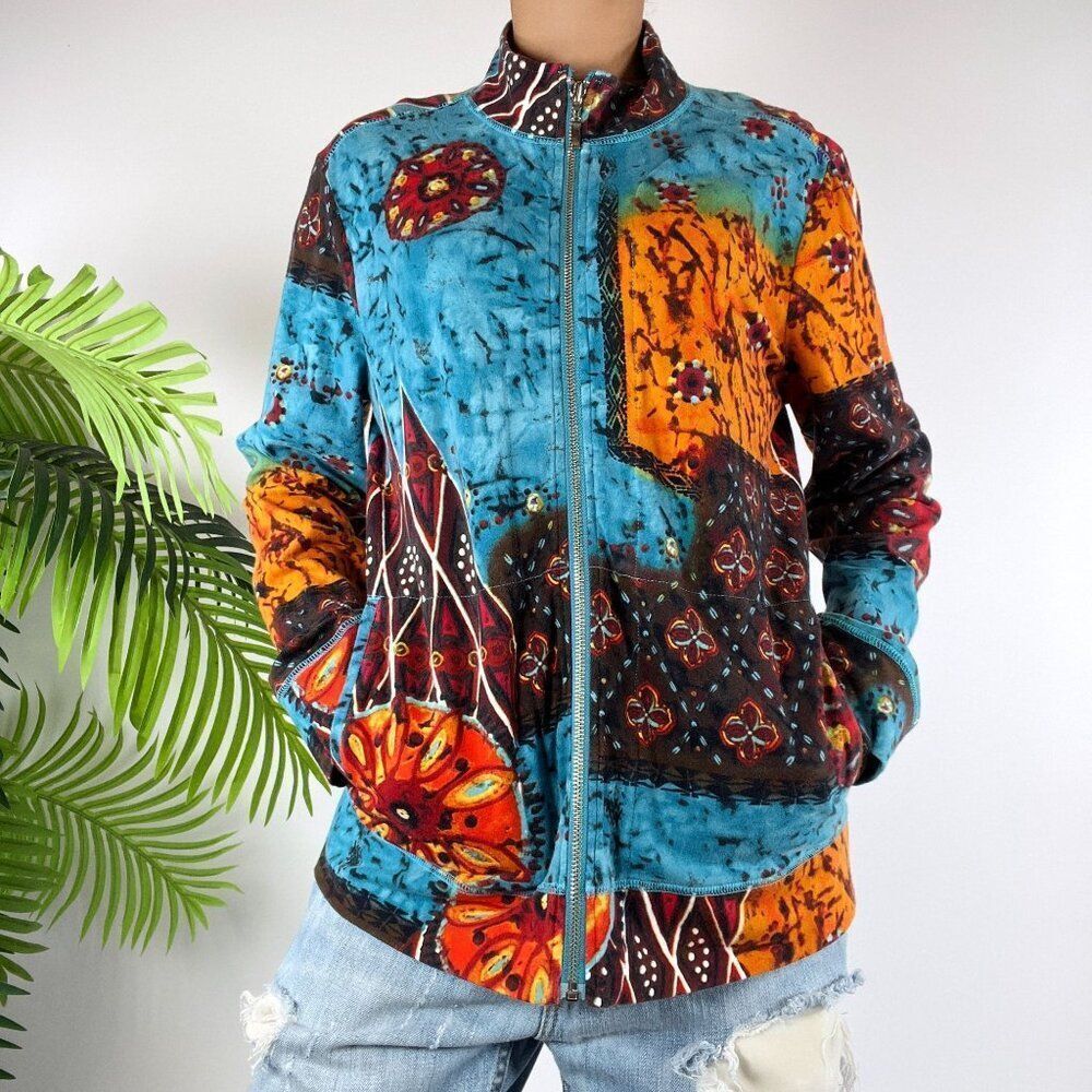Vintage 90s Chico's Blue Patchwork Bohemian Hippie Lightweight Artsy Jacket / 1